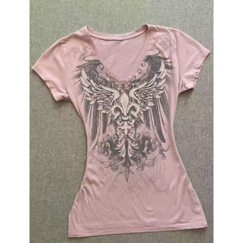 American Street Hottie T-shirt Vintage col en v T-shirt années 2000 Y2K esthétique graphique imprimé