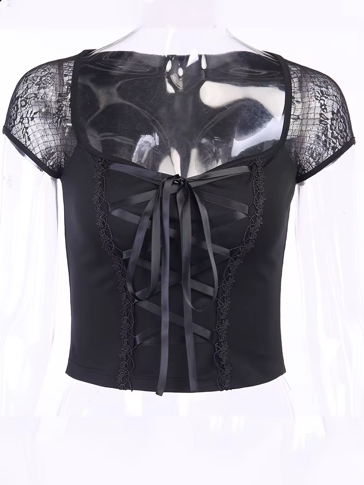 Vintage hauts Goth T-shirt femmes moulante pansement dentelle noir T-shirts gothique Streetwear Sexy