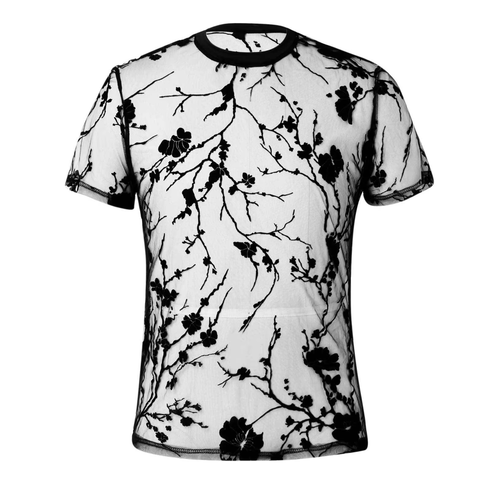 T-shirt décontracté pour homme à manches courtes en maille transparente avec motif floral floqué et 
