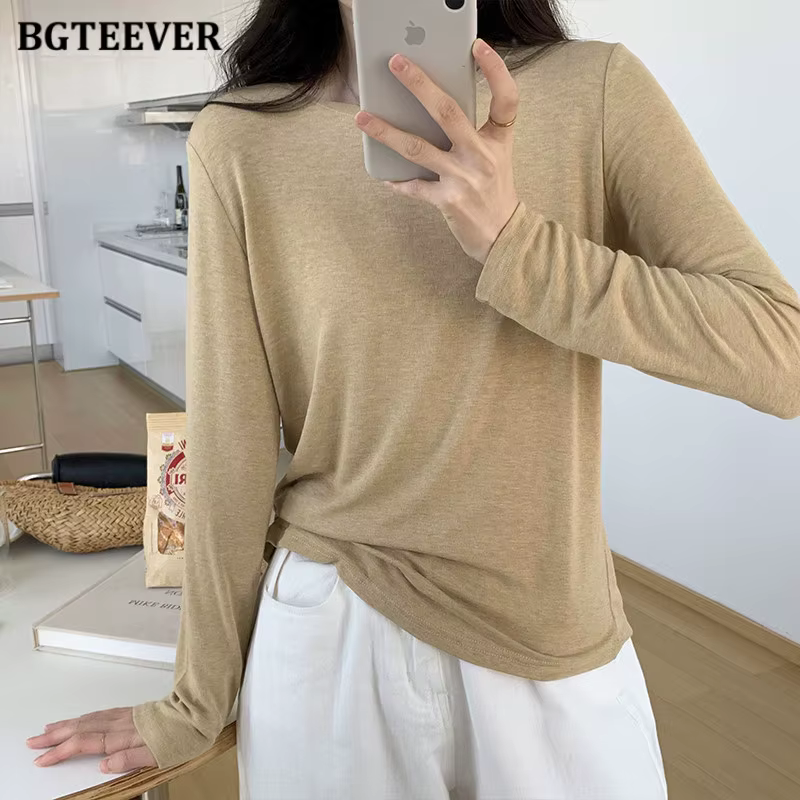 BGTEEVER-T-shirt en coton à manches longues pour femmes, Économie décontractés pour femmes, Noir et