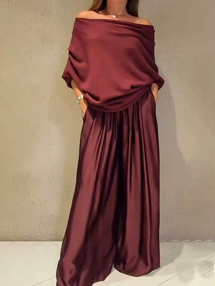 Ensemble décontracté deux pièces pour femme : Blouse ample à col bateau et manches longues avec patc