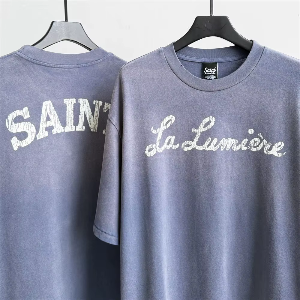 T-shirt en tissu imprimé Saint La Lumière vintage 2026 pour hommes et femmes, tee-shirt bleu délavé 