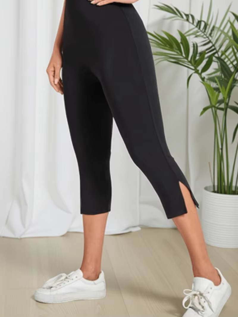 Pantalon noir taille haute fendu pour femmes, mode sept-huitième