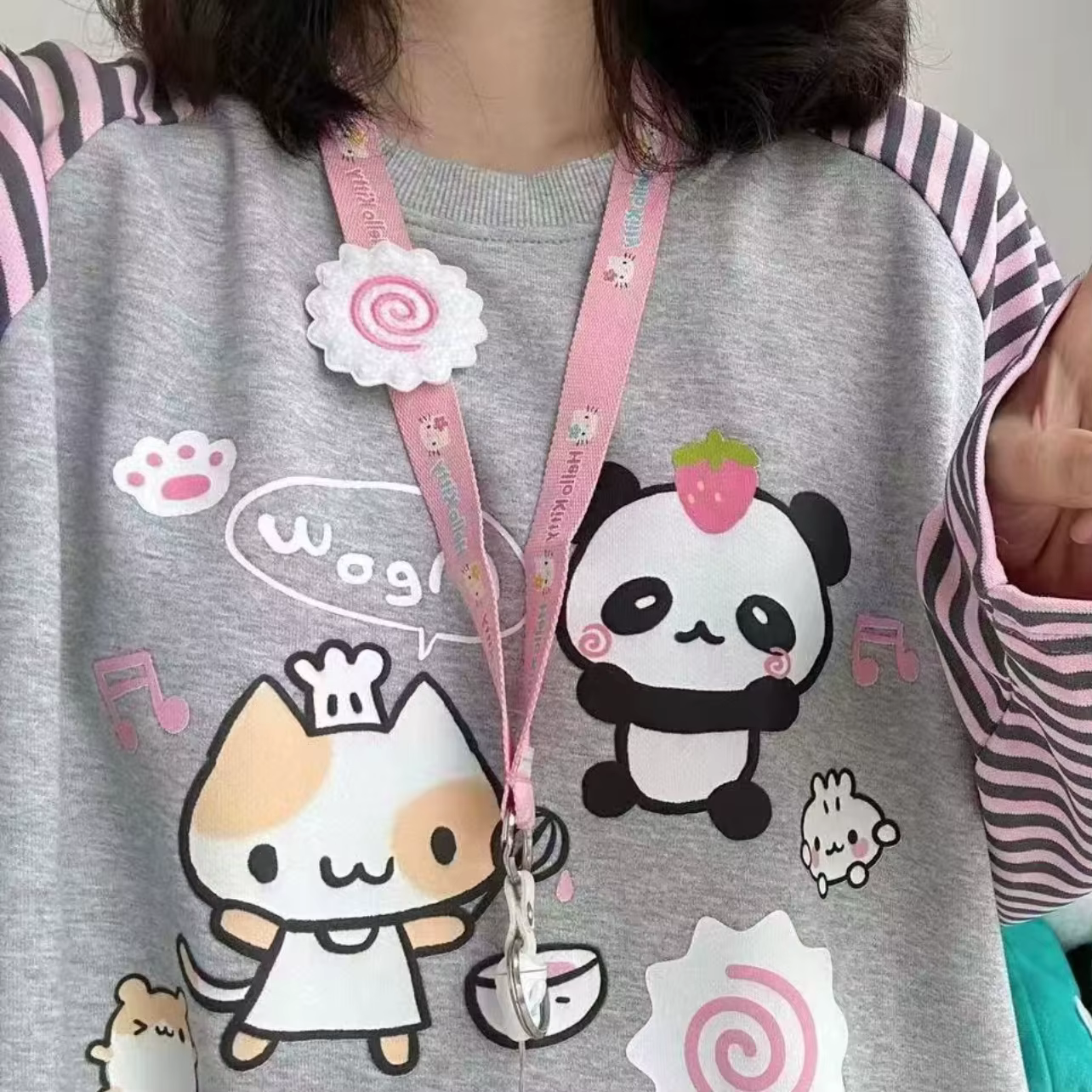 Japon Kawaii doux femmes T-Shirt col rond rayure Patchwork à manches longues dessin animé imprimé pu