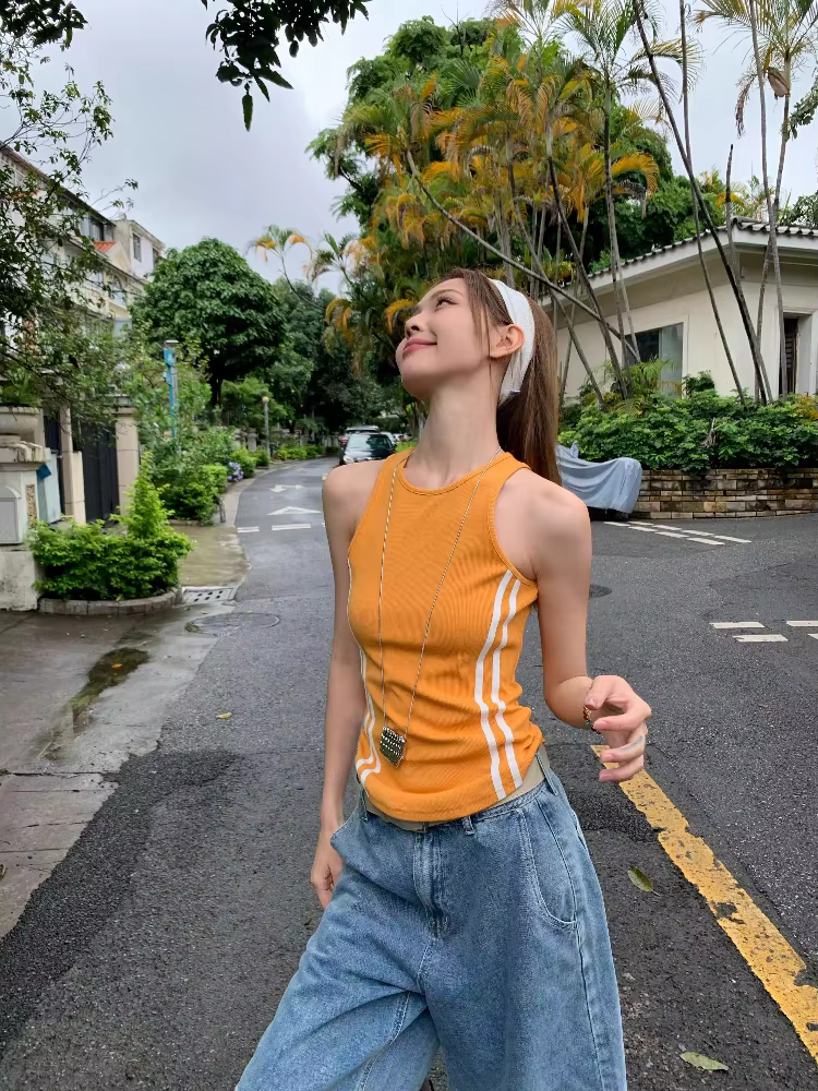 Débardeur côtelé orange vif à rayures contrastées pour femme, coupe ajustée, sans manches, décontrac