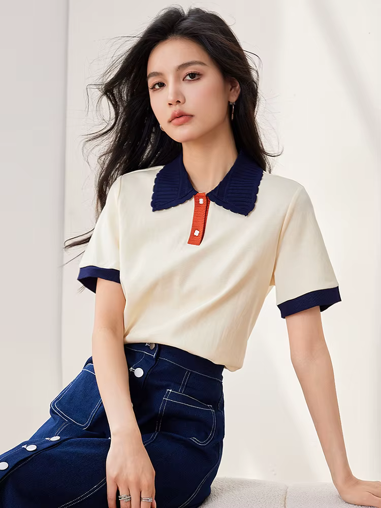 T-shirt slim à revers pour femmes, haut décontracté, mode coréenne, été, 2024