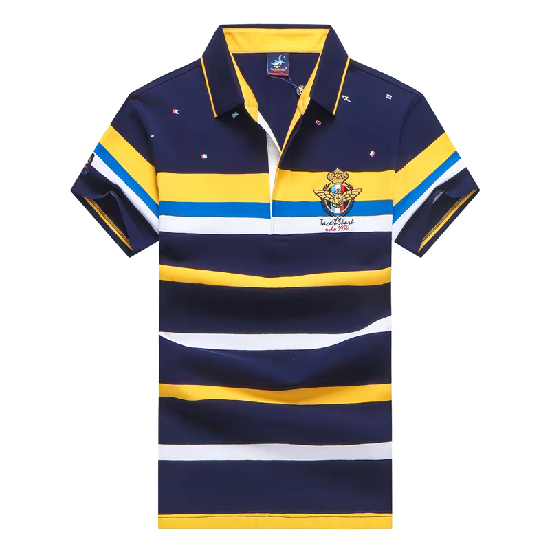 TACE & SHARK-Polo brodé de requin à rayures pour hommes, polos d'affaires, vêtements décontractés, c