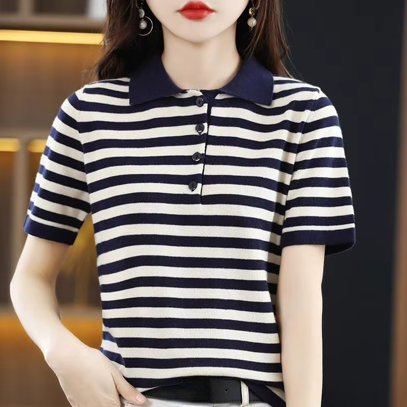 T-shirt femme rayé hauts bouton à manches courtes T-shirt vêtements mignon col Polo chemises pour fe