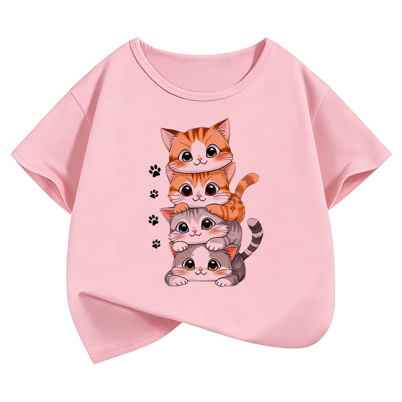 T-shirts Enfant Chat 2026 – Nouveaux T-shirts d'été à Manches Courtes Motif Animal Dessin Animé pour