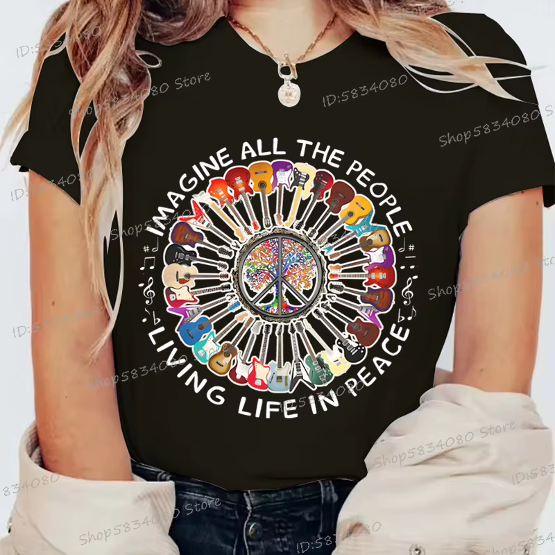 Imaginez toutes les gens vivre la vie dans la paix impression T-shirt femmes drôle guitare Beatles c