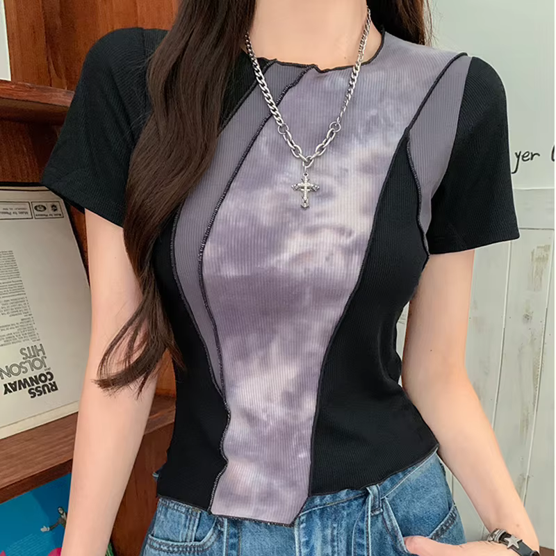 T-shirt à manches courtes pour femmes, haut court de couleur contrastée, col rond, irrégulier, à la 