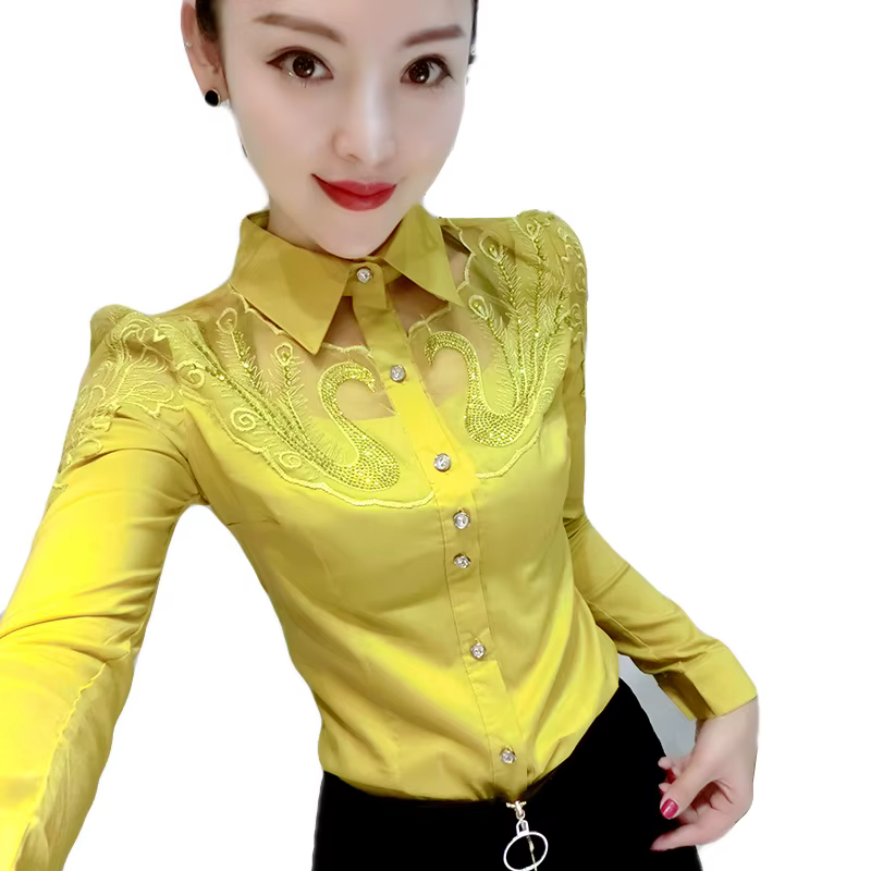 Automne nouveau à manches longues bureau dame hauts Patchwork femmes vêtements mode diamant dentelle