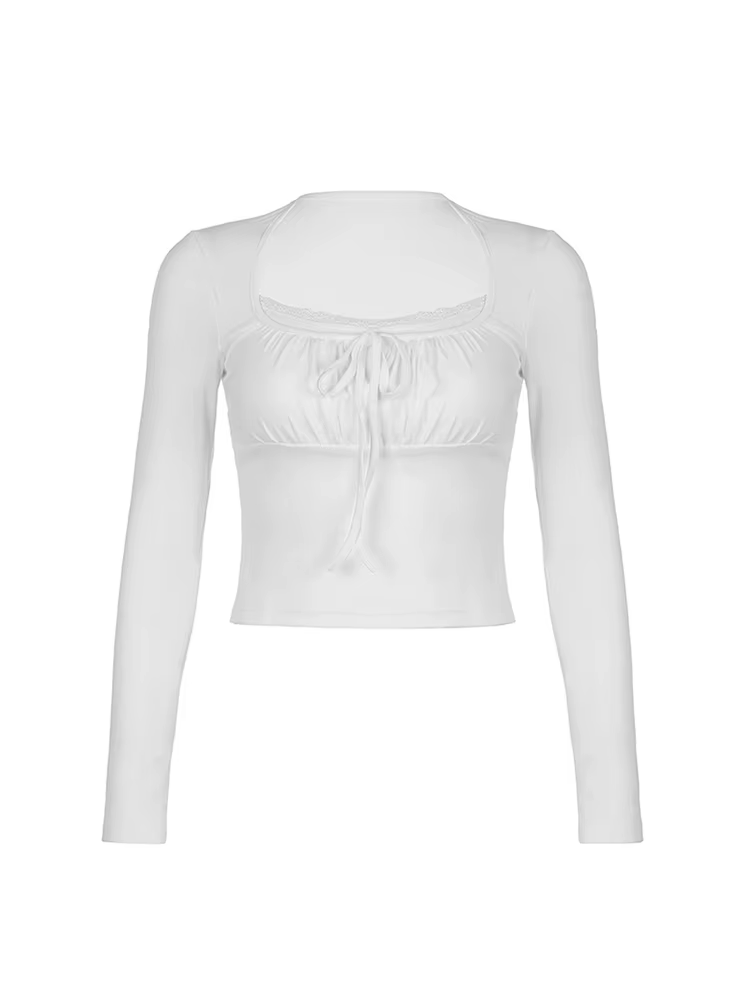 Bandage plis col carré haut court femmes Fairycore y2k blanc t-shirts basique tricoté élégant t-shir