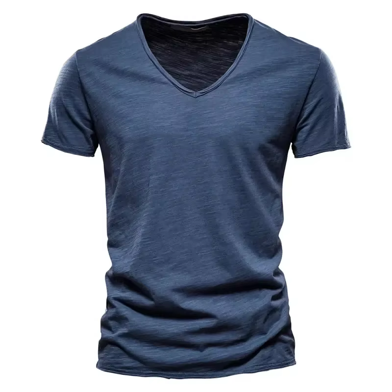 Nouveau 100% coton hommes T-shirt hauts col en V mince à manches courtes t-shirts de haute qualité h