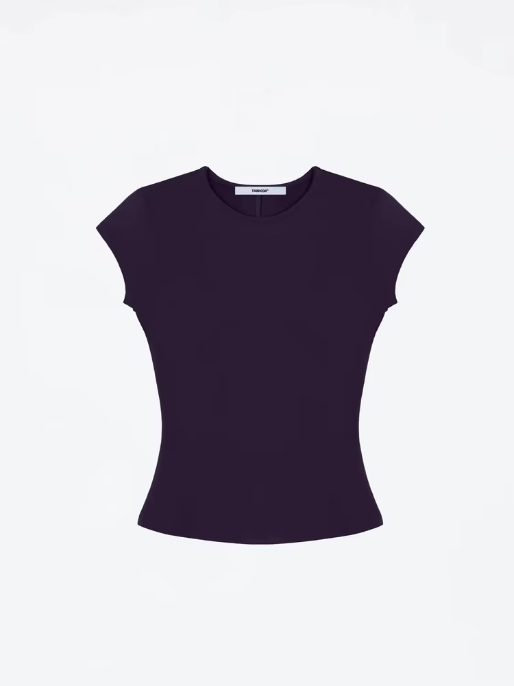 T-shirt à manches courtes de couleur violet tank, avec un col rond ajusté et amincissant, couleur vi