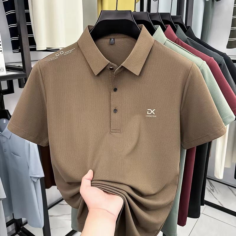 DREKFISH – polo brodé pour hommes, en soie glacée élastique, manches courtes, doux, anti-transpirati