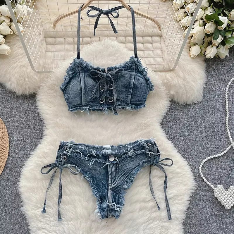 Maillot de bain femme sexy en jean, ensemble bikini à lacets et cordon de serrage, tenue de plage 20