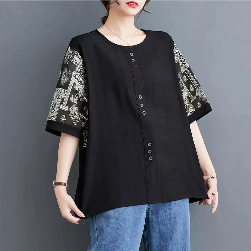 Grande taille coton lin femmes T-Shirt été coupe ample imprimé cinq manches boutonné chemise décontr