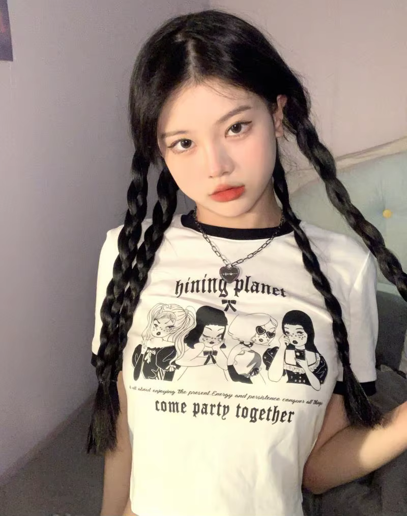 Haut court vintage à col rond pour femme, t-shirt à manches courtes, lettre imprimée, mode coréenne,