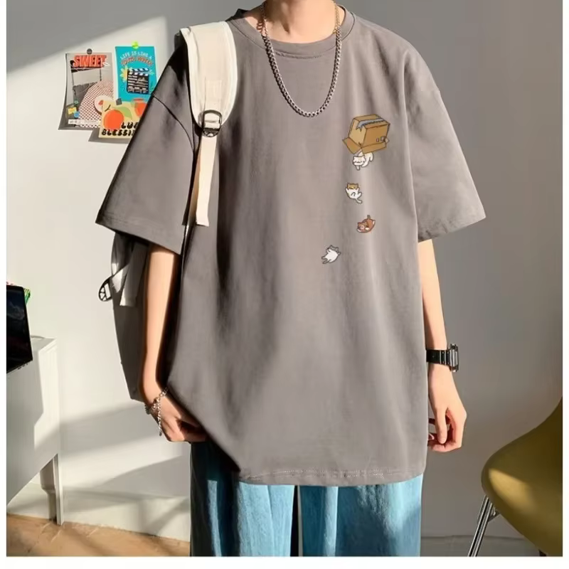 M-8XL hommes surdimensionné mode coréenne ample américain Vintage Carton chaton imprimé à manches co