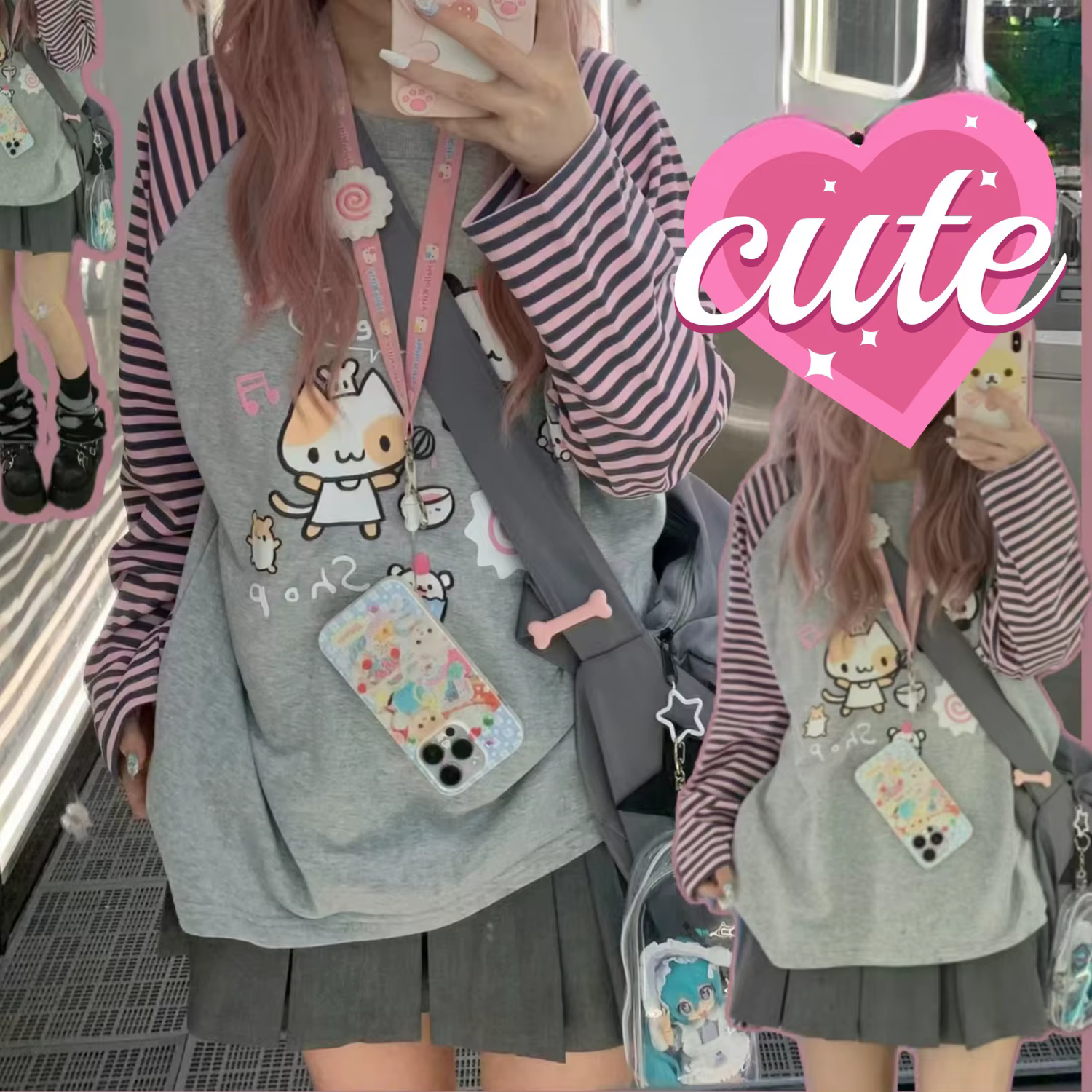 Japon Kawaii doux femmes T-Shirt col rond rayure Patchwork à manches longues dessin animé imprimé pu