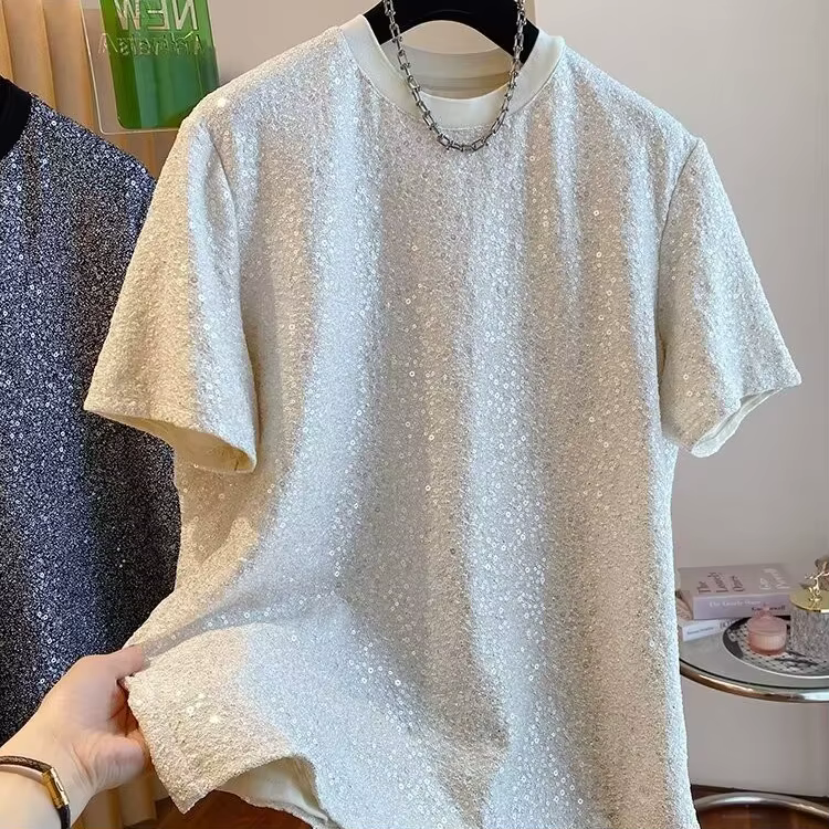 T-shirt à paillettes pour hommes, Chic, brillant, manches courtes, col rond, ample, pull, vêtements 