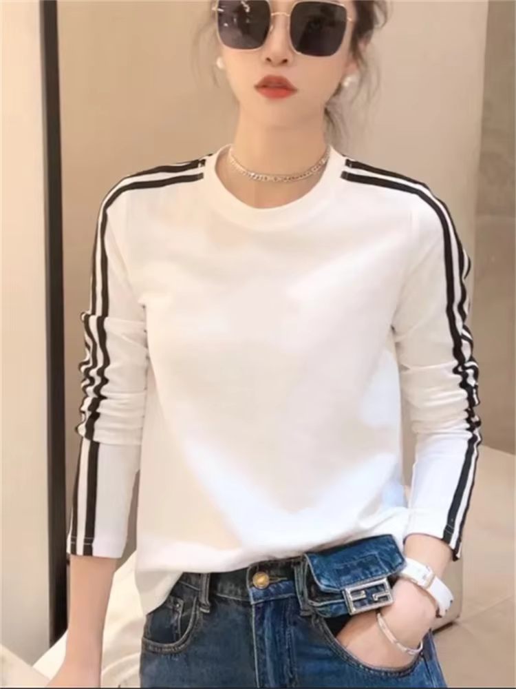 Simplicité femmes T-shirt mince T-shirt mode bas haut rayure Blous col rond à manches longues femme