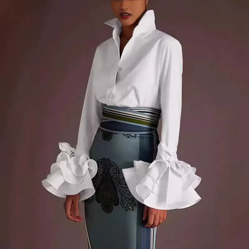 Chemisier blanc boutonné pour femme, col montant, manches longues, poignets à volants, grande taille