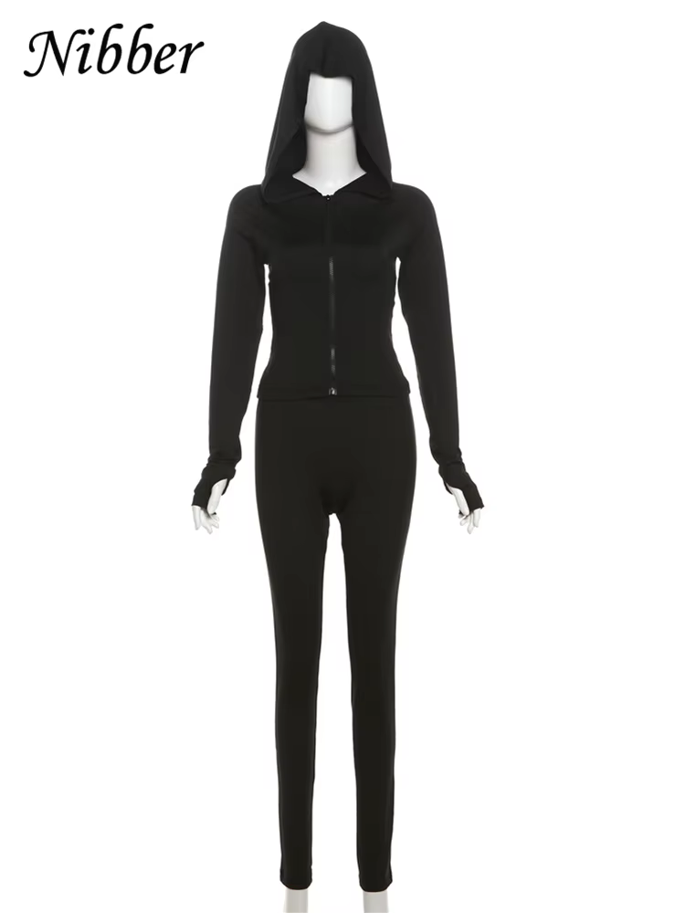 Nibber Sportif Casual 2 Pièce Ensemble Femmes Survêtement À Capuchon Zip Crop Tops + Leggings Fitnes
