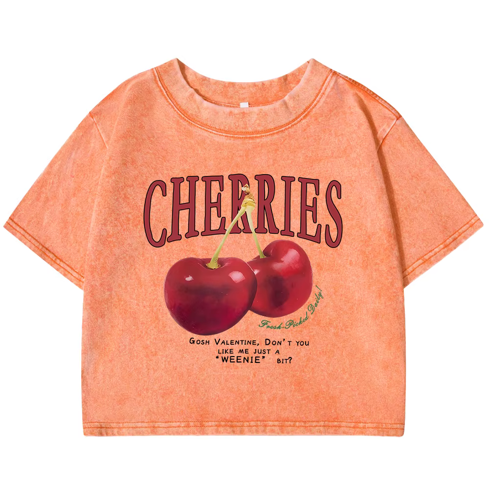 Cerises rouges lettre imprimé femme T-shirt mode été lavé vêtements décontracté coton haut court rét