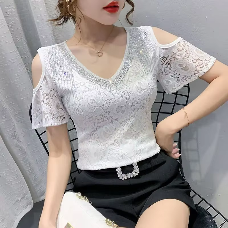 T-shirt à paillettes pour femmes, épaules dénudées, Streetwear coréen, vêtements esthétiques de base