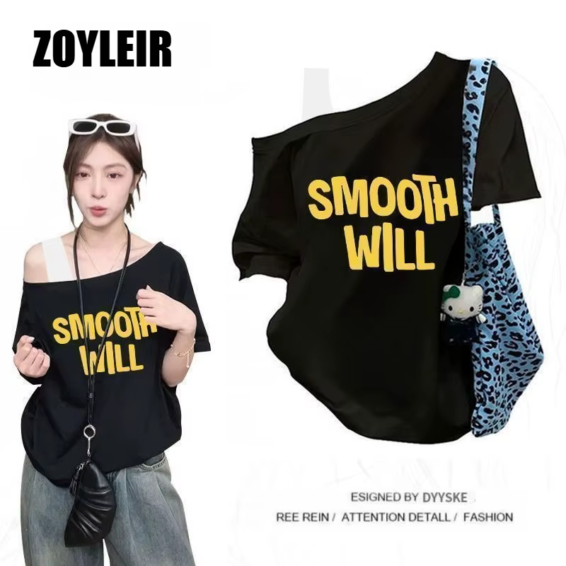 T-shirt élégant d'été asymétrique pour femme, faux deux-pièces, oversize, à motif graphique, manches