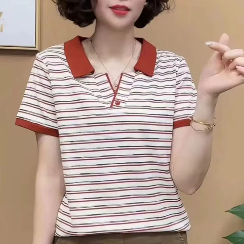 Nouveauté Été : Polo rayé à revers pour femme, coupe ample à manches courtes, style décontracté et p