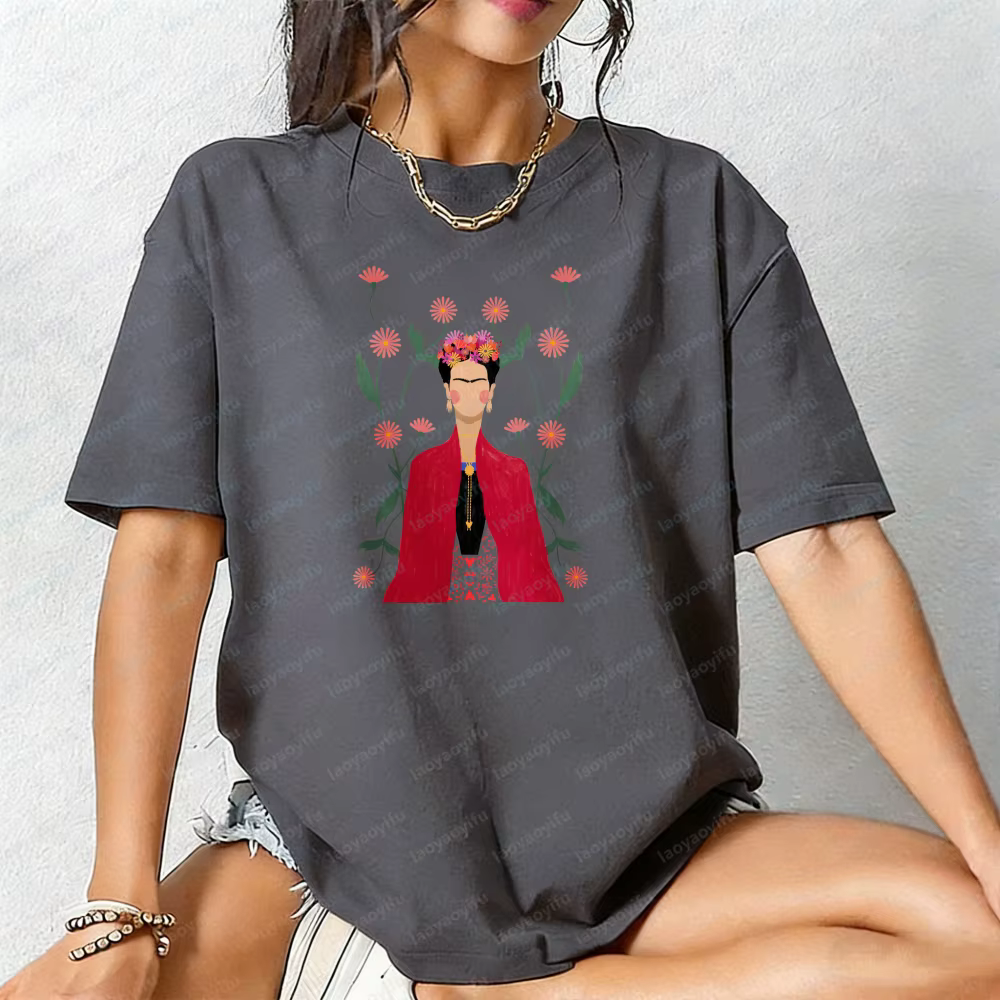 T-shirt en coton unisexe style bohème Frida Kahlo, motif floral artistique, élément floral, mode déc