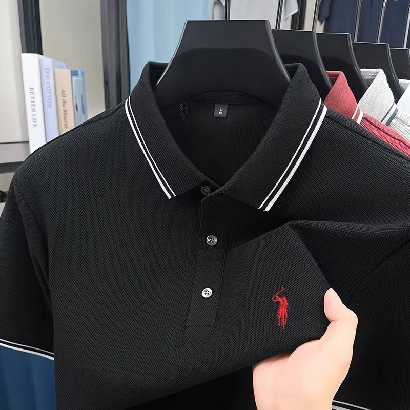 Polo brodé avec motif poney pour homme, 100 % coton, col contrastant, t-shirt d'été décontracté à ma