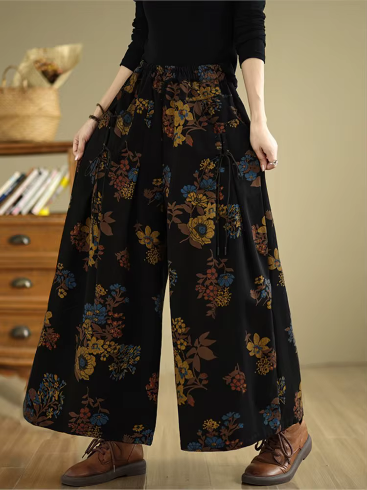 Jean rétro automne fleur imprimé fleuri mode élastique taille haute dames pantalon surdimensionné lo