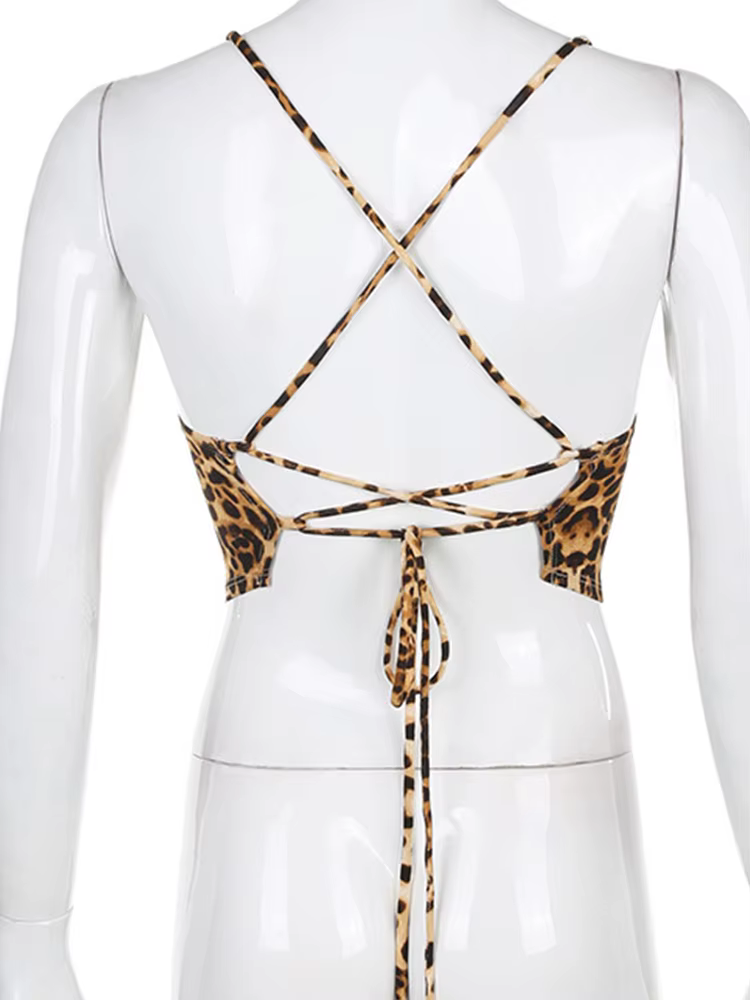 Débardeur à motif léopard pour femmes, dos nu, Sexy, tenues Rave, sans manches, croisé, à lacets, Br