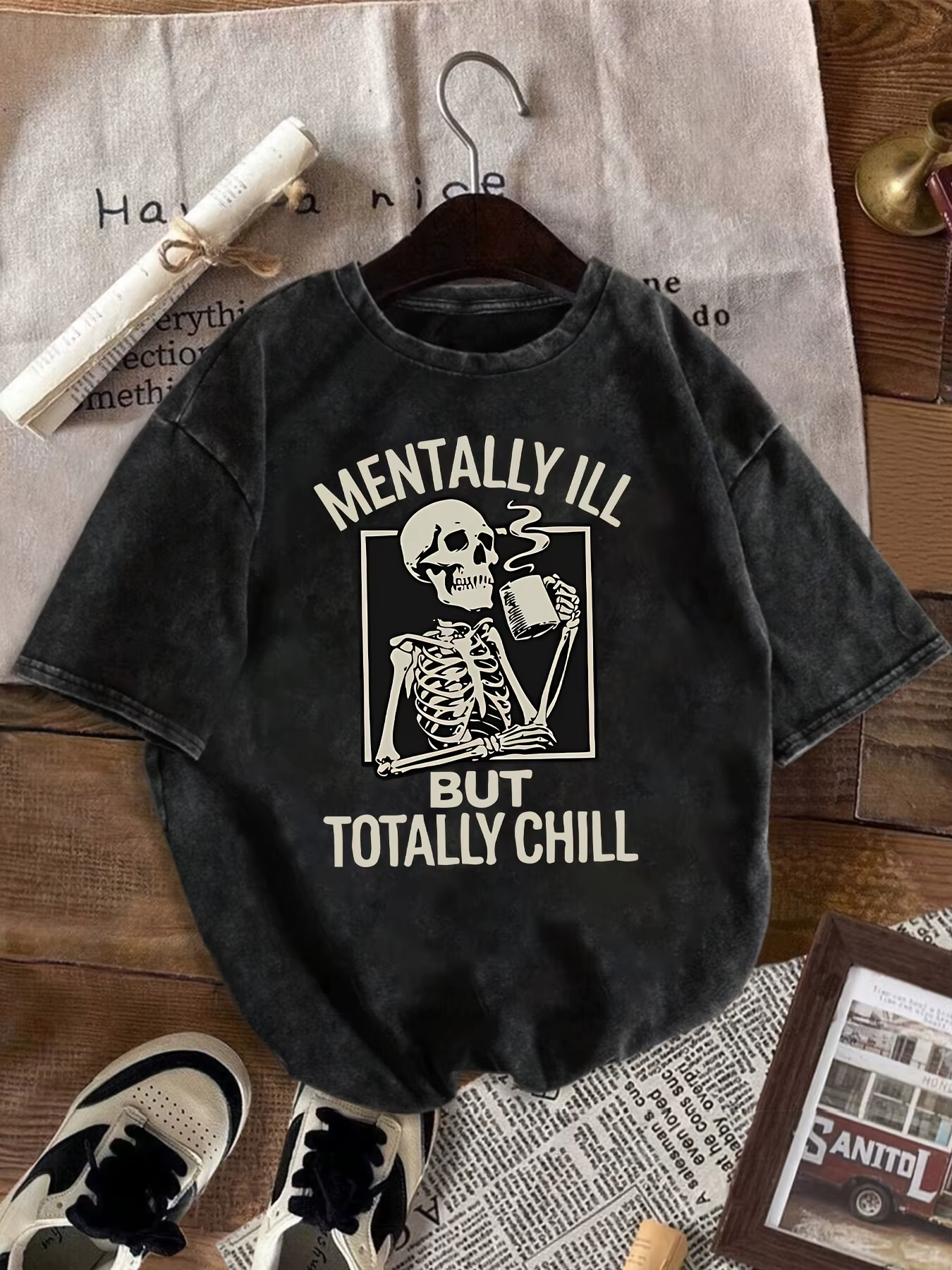 T-shirt unisexe 100% coton lavé "Mentalement illèret mais totalement froid" T-shirt graphique crâne 