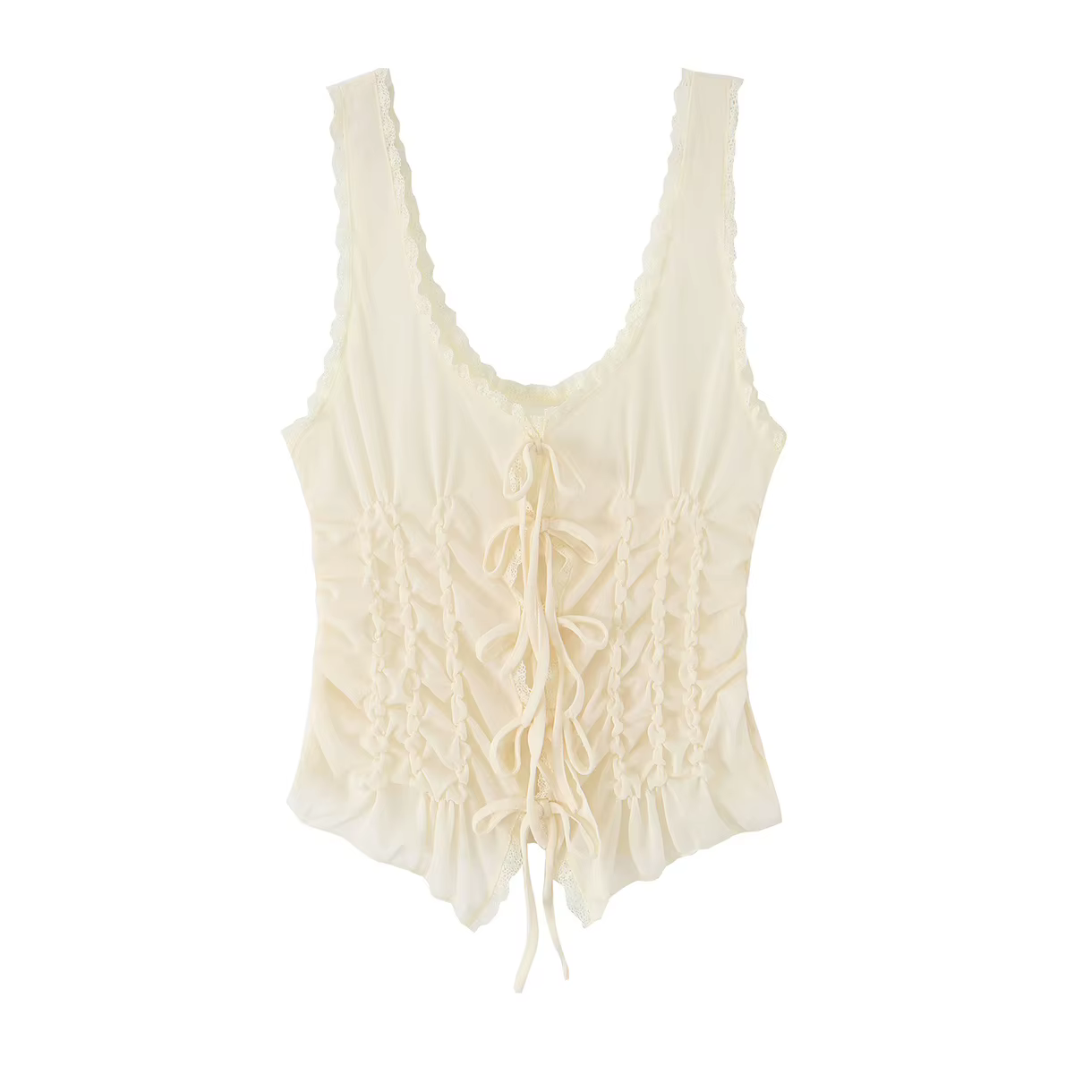 Débardeur Corset en Chiffon Plissé à Bretelles et Dentelle Style Français HH pour Femme, avec Nœud s