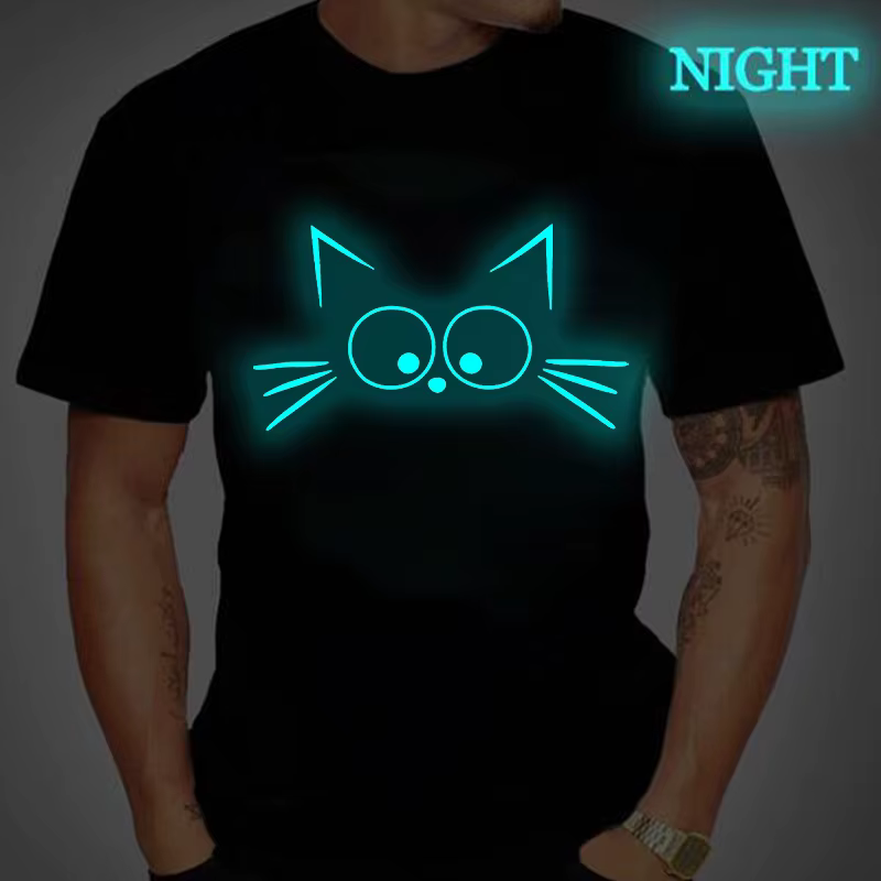 T-shirt unisexe à col rond, style simple, imprimé chat, lumineux, streetwear, été, pour les amoureux