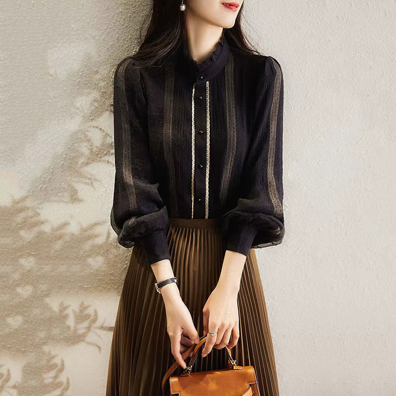 Chemise à manches longues en dentelle épissée française, simple boutonnage, Vintage rayé à carreaux