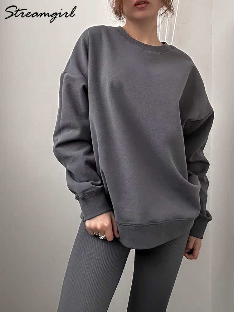 Sweat-shirt surdimensionné en coton pour femme, pull ample, rouge, col rond, chaud, surdimensionné,