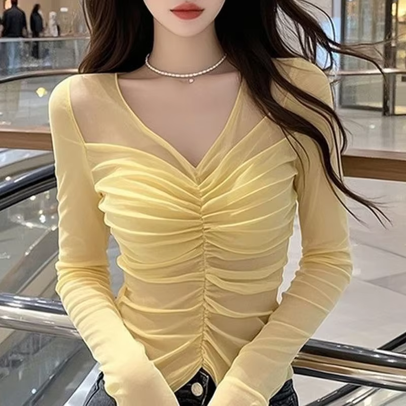 Jaune col en V mince plissé mince Sexy hauts été nouveau à manches longues solide Net fil tempéramen