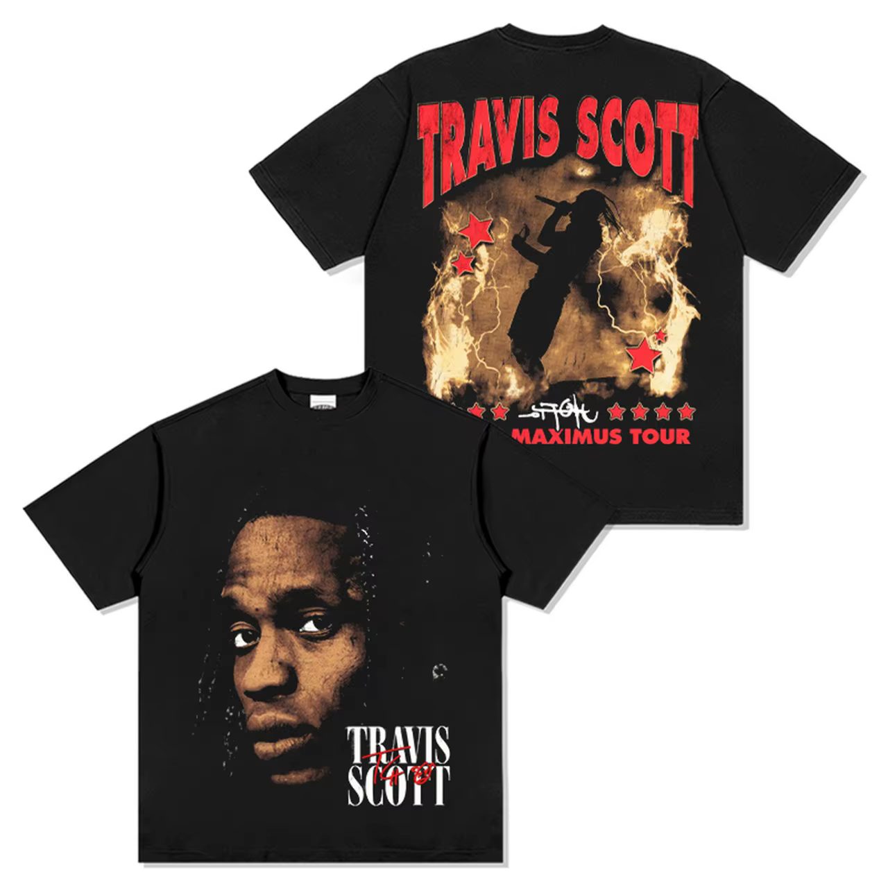 T-shirt Travis Scott Maximus Tour Hip Hop Rapper Vintage à imprimé graphique en coton à manches cour