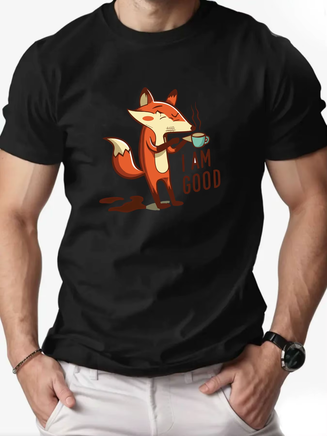 T-Shirt homme Animal renard dessin animé motif été loisirs respirant 100% coton col rond T-shirt vêt