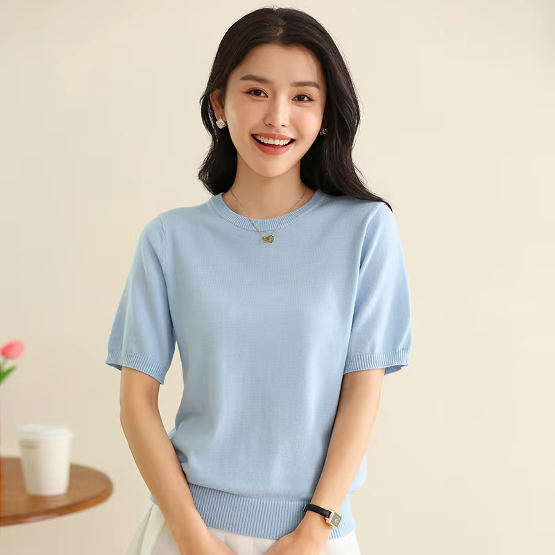 T-shirt d'été 100 % pur coton pour femme, décontracté, uni, tricoté, à manches courtes, col rond, co