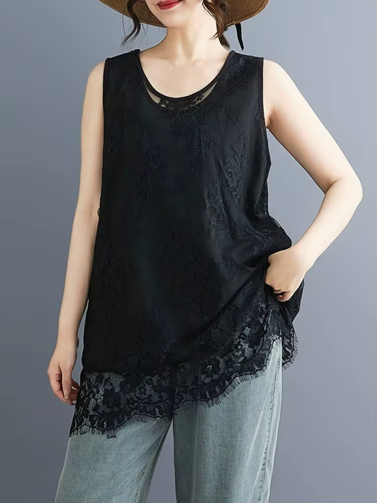 Débardeurs amples en dentelle vintage décontractés pour femmes, t-shirt d'été 2026, vêtements