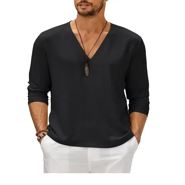 T-shirt à manches longues en coton et lin pour hommes, chemise respirante, couleur unie, décontracté