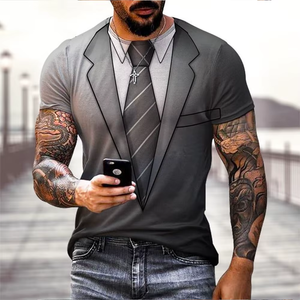 Mode d'été drôle faux costume 3D imprimé T-shirt manteau de queue cravate T-shirt hommes rue à manch