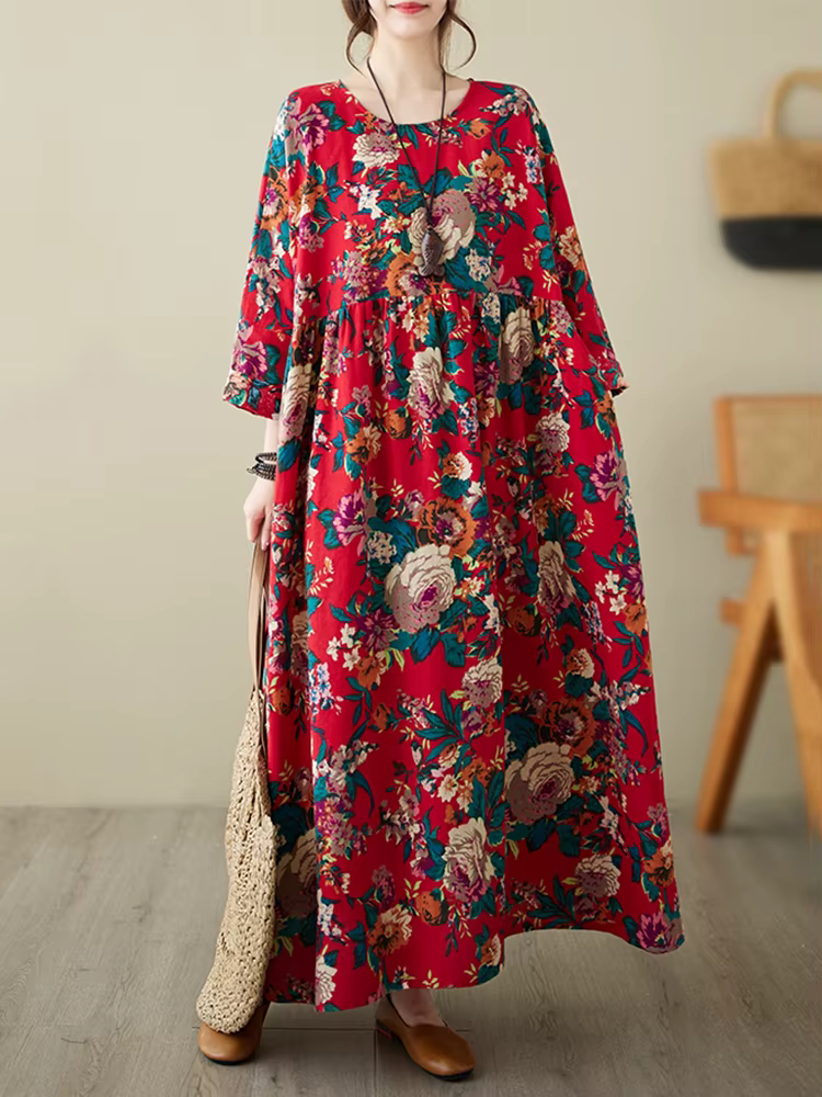Robes amples en coton à manches longues imprimées style vintage pour femmes – Collection Printemps-A